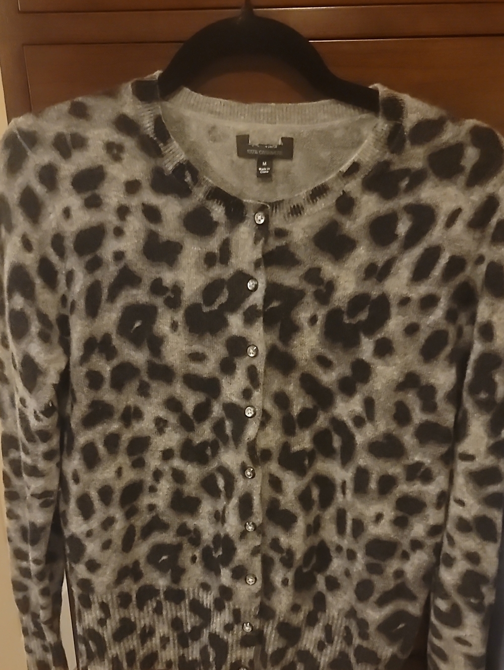 Ann Taylor 100% Cashmere Leopard-Print Button Cardigan in Gray and Black